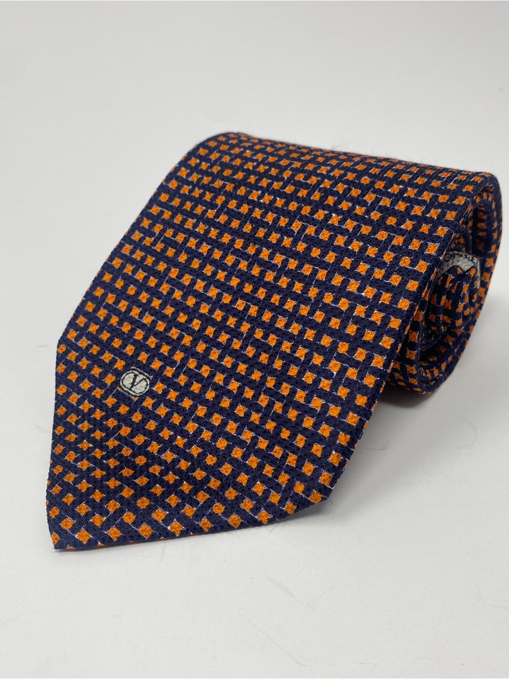 Valentino Cravatte Tie Navy Blue Orange Geometric Checker Pattern Silk Italy